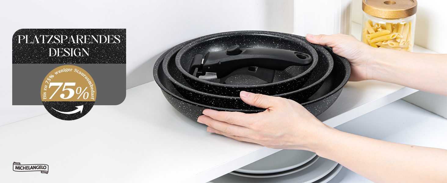 Набір сковорідок Michelangelo 4 шт. (20/24/28 см) знімний ручка, для індукції, антипригарне покриття мармур, до 240°C, чорний