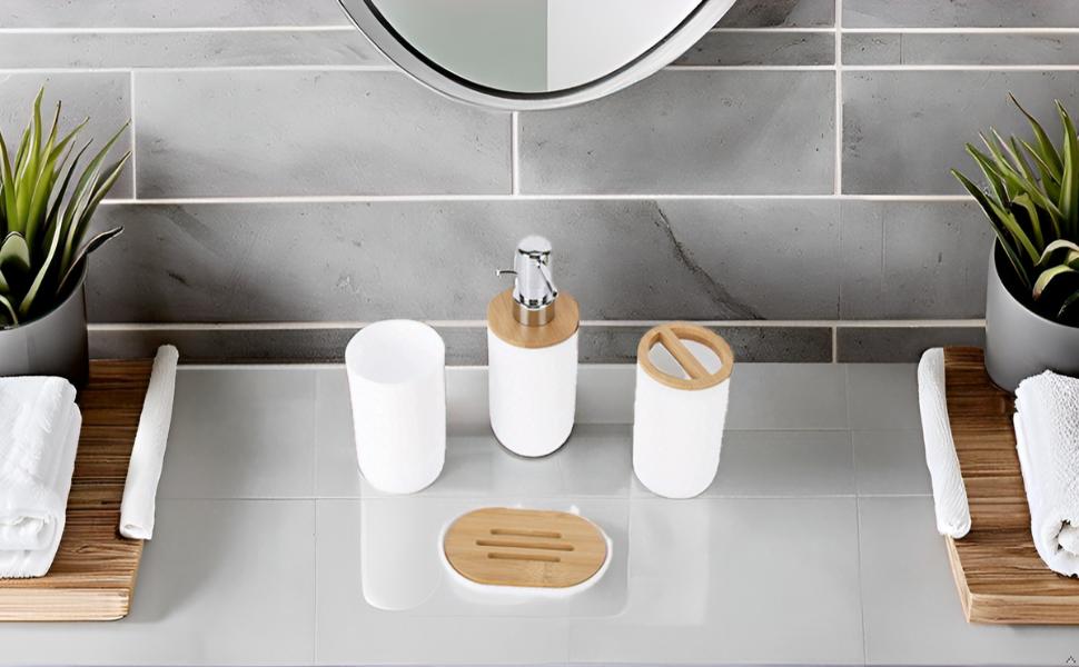 Набір аксесуарів для ванної кімнати на 4 предмети: тримач для зубних щіток, мильниця, дозатор для лосьйону, стакан для ополіскувача, сучасна сантехніка для дому та готелю (білий)