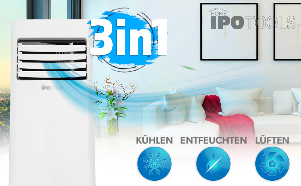 Мобільний кондиціонер IPOTOOLS 3-в-1: охолодження, вентиляція, осушення (9000 BTU)
