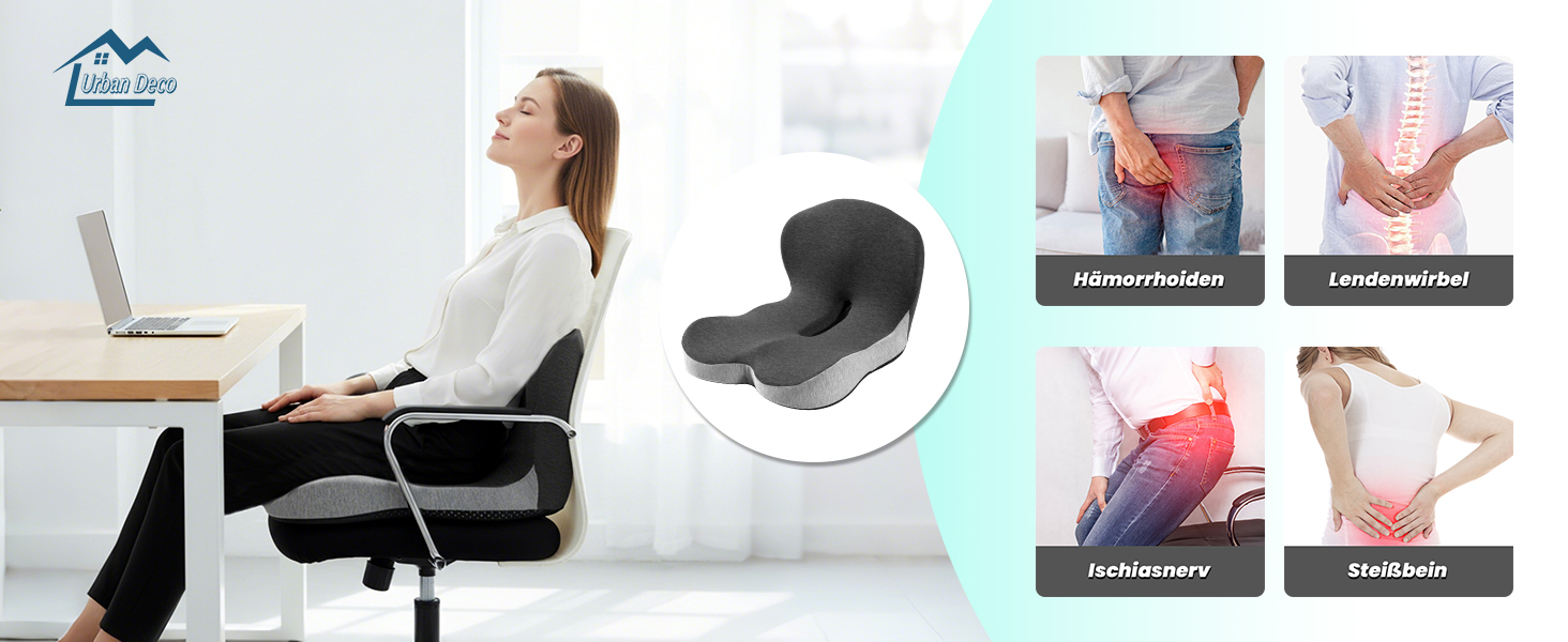 Ортопедична подушка для сидіння Urban Deco з підспинником, ергономічна подушка для спини з Memory Foam, для офісного крісла, автокрісла, інвалідного візка, чорно-сіра, 1 шт.