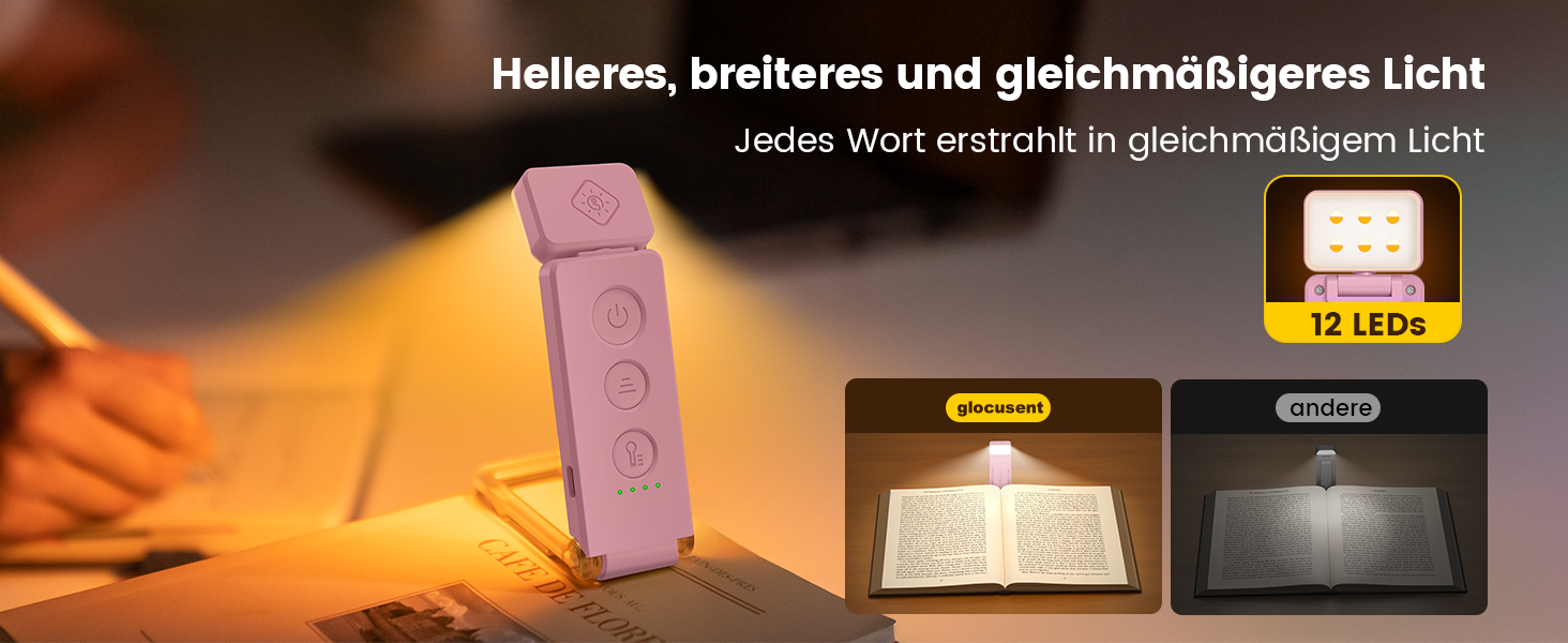Світлодіодна кліпса для читання Glocusent 12 LED з затискачем, рожева: лампа для книги в ліжко, 5 кольорів, 5 рівнів яскравості, 100 годин роботи, для дітей та любителів читати