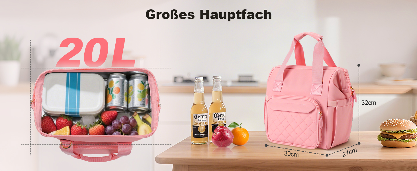 Сумка-холодильник 20 л, рожева: ізольована сумка-ланчбокс з PEVA-підкладкою, кілька відділень та плечовим ременем для роботи, школи, авто, пікніка