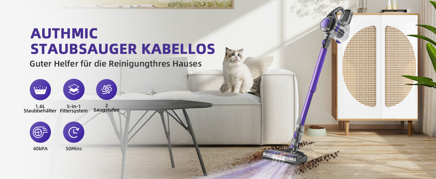 Бездротовий акумуляторний пилосос 40000Pa з 4 HEPA-фільтрами та контейнером 1.6L | 450W для твердих поверхонь, килимів та шерсті тварин (Lila)