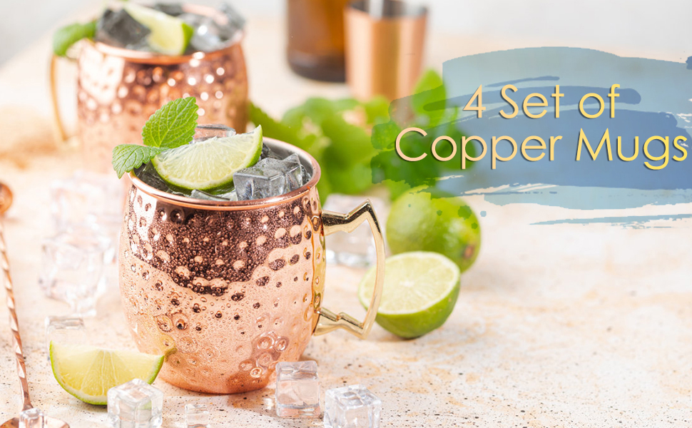 Набір мідних кухлів для Moscow Mule, 4 шт. по 550 мл з трубочками у подарунковій коробці – 100% мідь для коктейлів і охолоджених напоїв