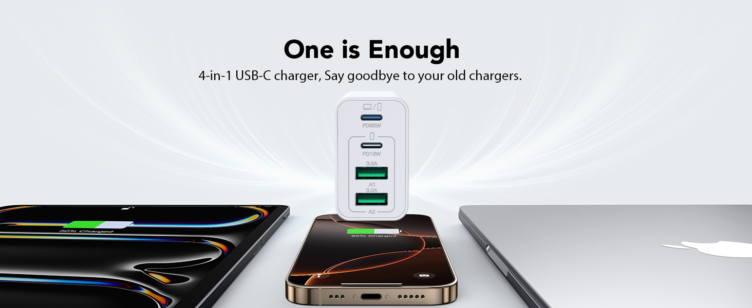 65W USB-C зарядний пристрій 3-портовий з кабелем 2м: для MacBook, iPhone, Switch, Galaxy, Tablet, Laptop