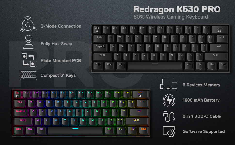Redragon K530 Pro Draconic - Механічна ігрова клавіатура 60% з RGB-підсвічуванням та brown Tactile перемикачами (61 клавіша, Hot-Swap, для Windows/Mac/Android)