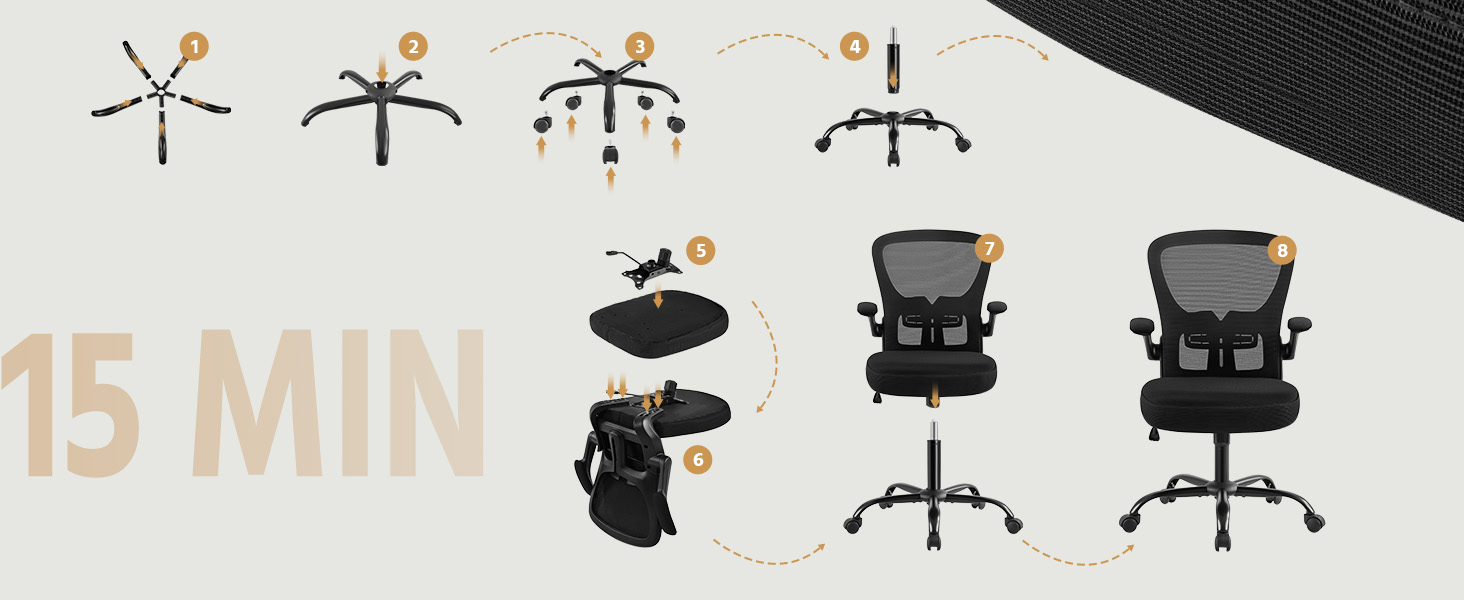 Офісне крісло Yaheetech з підйомними підлокітниками, регульованою підтримкою попереку, сітчасте крісло, ергономічне, з функцією гойдання, регульоване по висоті, чорне