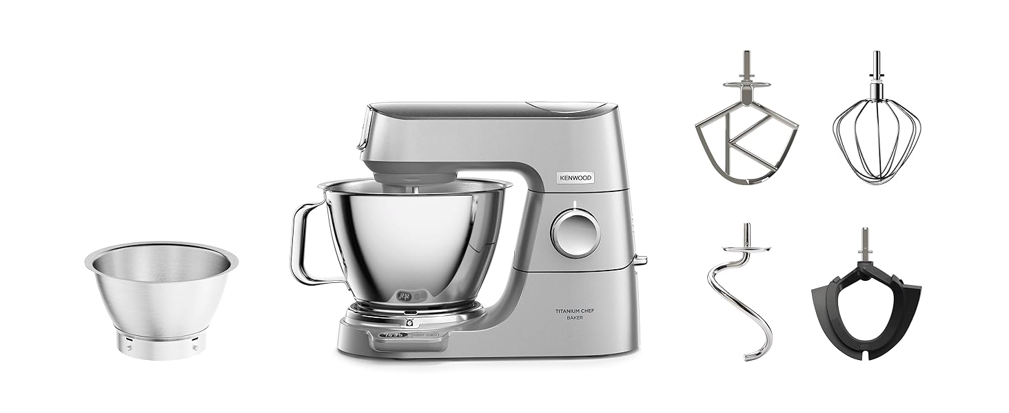 Кухонна машина Kenwood Titanium Chef Baker KVC85.004SI з вбудованими вагами, 1200 Вт, 2 чаші (5 л та 3,5 л), набір для кондитерських виробів, плавне регулювання швидкості, срібляста
