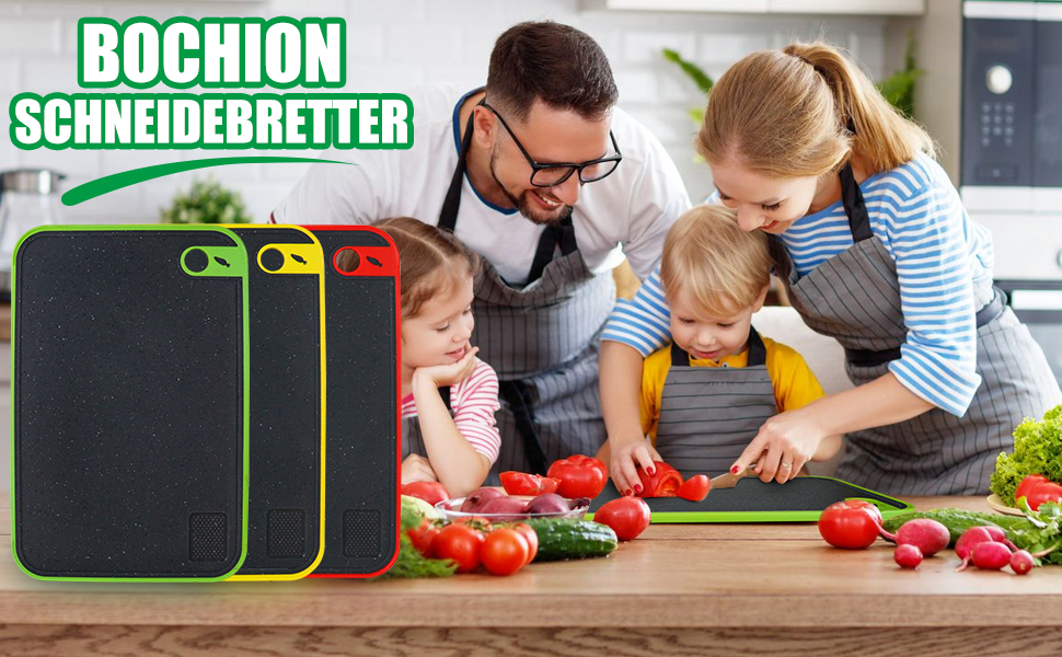 Набір з 3 дощок для нарізання з пластику, кухонні дошки з антибактеріальним покриттям, неслизькі з жолобом для соку та пресом для часнику (червоний, жовтий, зелений)