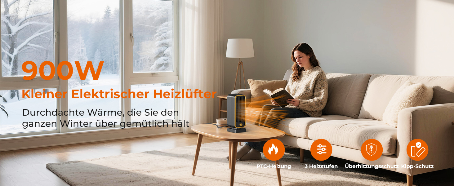 Електричний обігрівач PTC: тихий, енергоефективний, 900W, 3 режими, захист від перегріву та перекидання, для кімнат та спалень, чорний