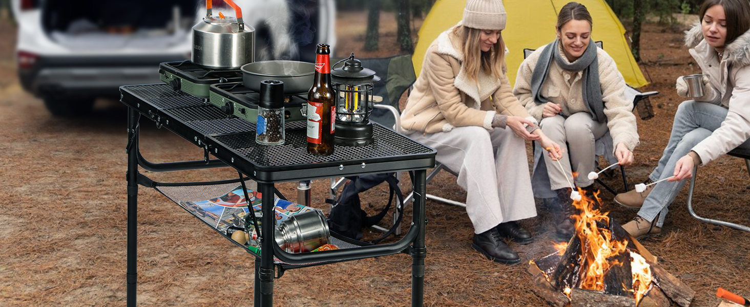 Складний стіл для пікніка REDCAMP 60x40 см, чорний - портативний стіл для кемпінгу, BBQ, приготування їжі на природі з регульованими ніжками