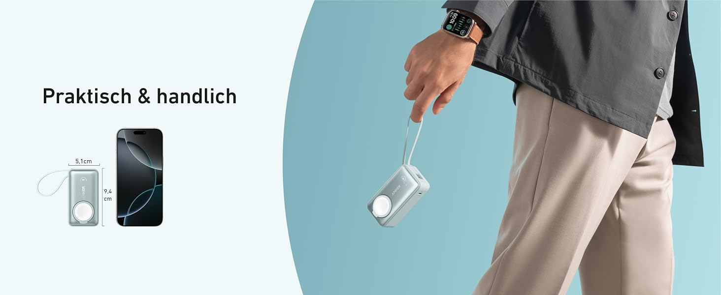 Повербанк Anker MagGo 10000mAh 35W з вбудованим USB-C кабелем для Apple Watch, iPhone 17/16/15, Samsung, iPad, AirPods (Зелений)