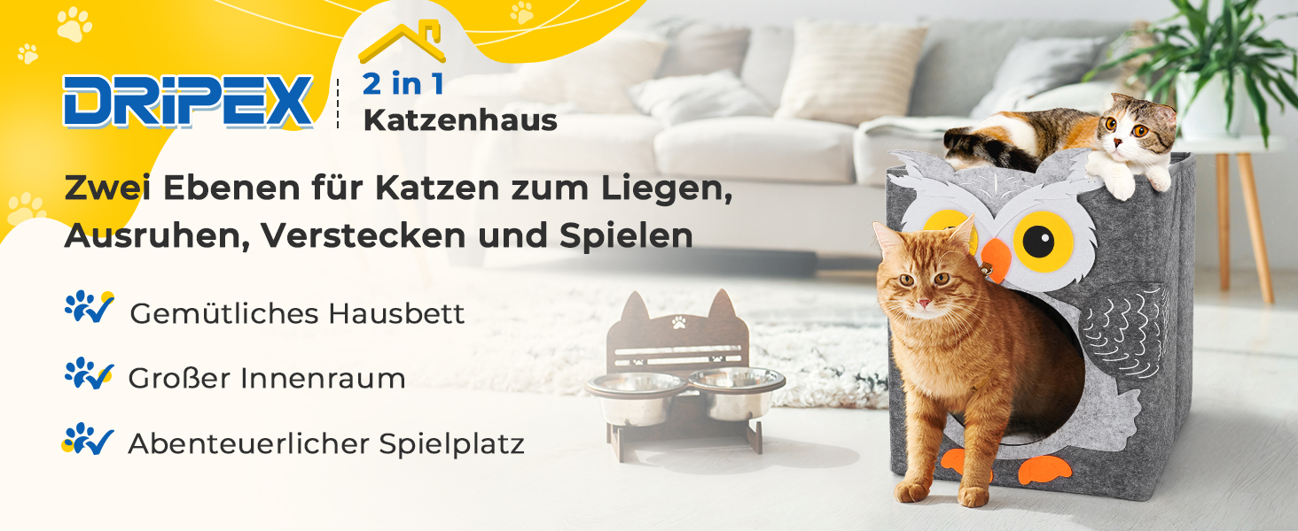 Кігтеточка-будиночок для котів Dripex з 2 поверхів, філц, з подушкою, 30 x 35 x 35 см (Сова)