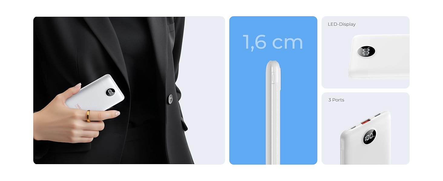 Powerbank VEEKTOMX 10000mAh: компактний зарядний пристрій з PD3.0 та QC3.0, USB-C, для iPhone/iPad/Samsung/Huawei/Xiaomi/OnePlus, білий