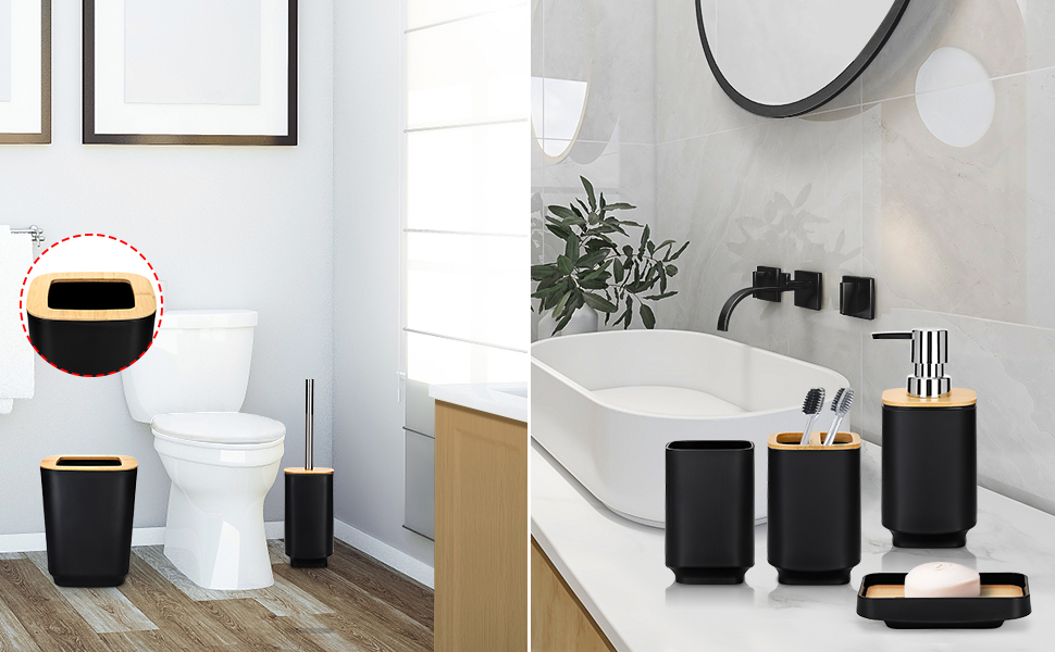 Набір аксесуарів для ванної кімнати JOTOM з бамбука, 6 шт. Сучасний дизайн: дозатор для мила, тримач для зубних щіток, стакан, мильниця, тримач для туалетного йоржика, сміттєве відро. Сірий колір