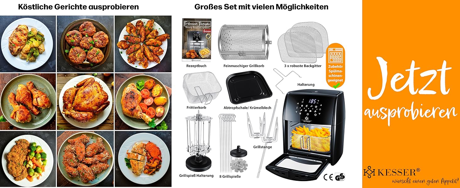 Фритюрниця KESSER® XXL Airfryer 9в1 з грилем, дегідратором та аксесуарами | 1800 Вт, чорний