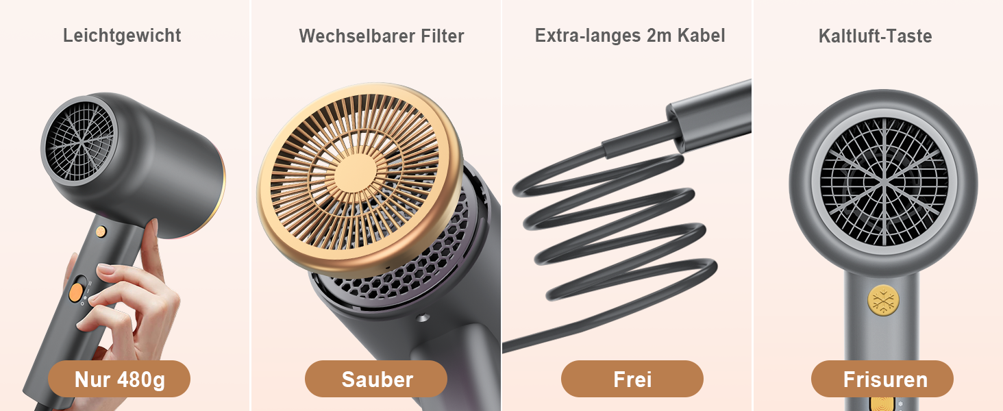 Іонний фен з насадкою-дифузором DEWILY 1800W, Швидке сушіння, Кнопка холодного/гарячого повітря, Термостат, 3 температури, 2 швидкості, Концентратор, Фен для локонів (Чорний+Золотий)