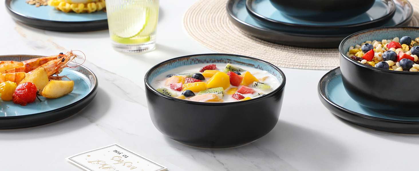 Набір мисок Vancasso (36 шт.) для сім'ї: 6 мисок з кераміки (840 мл), салати, супи, десерти. Безпечно в мікрохвильовці та посудомийній машині (Морська блакить)