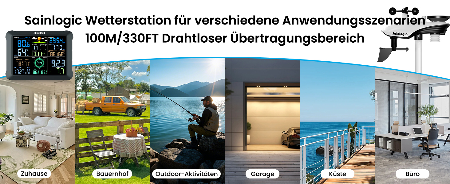 Метеостанція Sainlogic Smart Wetterstation SA6 Plus WiFi: 12-в-1, датчик зовнішньої температури, E-mail сповіщення, цифровий дощомір, анемометр (чорна)