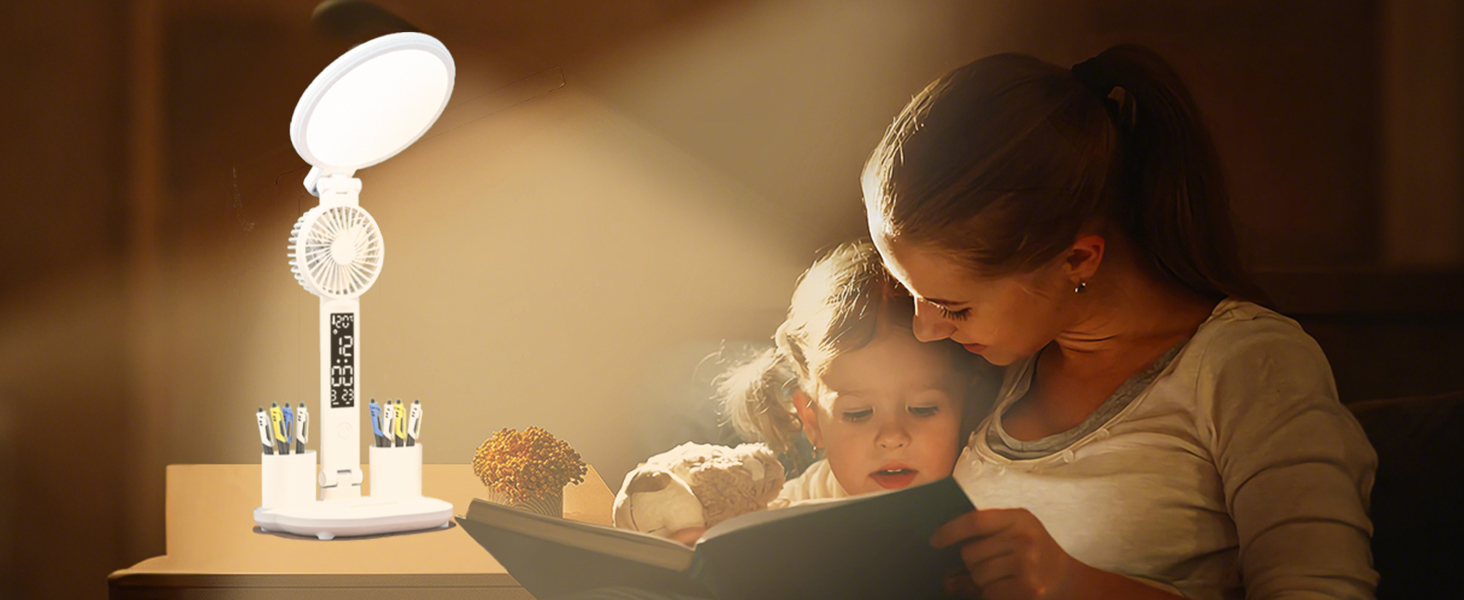 LED-лампа настільна з вентилятором для дітей WLHONG з годинником, тримачем для ручок, календарем та датчиком температури, 3 режими температури кольору, кругла