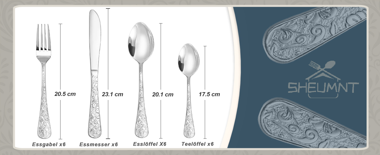 Набір столових приборів Vintage з різьбленням на 6 осіб, нержавіюча сталь, сріблястий (24 предмети) - ложки, виделки, ножі для дому та кухні, поліровані
