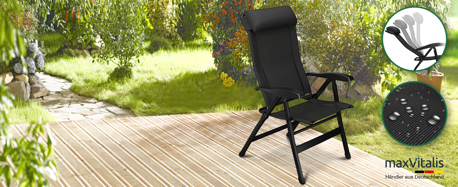 ELONEO Folding Camping Chair with Removable Footrest, Folding Chair made of Aluminum, Folding Garden Chair, Reclining Chair with Adjustable Backrest, Camping Chair (Folding Chair with Footrest (Basic), Black)