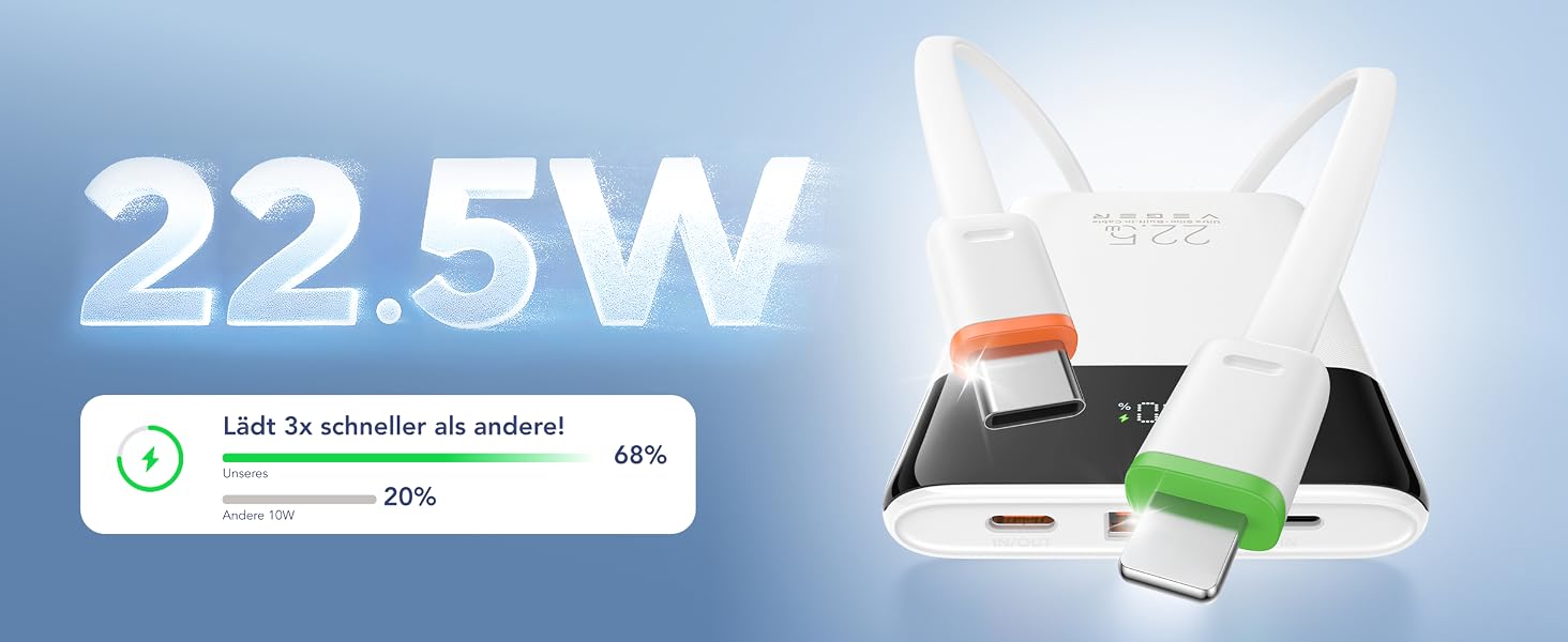 Повербанк VEGER 10000mAh 22.5W з вбудованим кабелем USB-C, швидка зарядка, білий