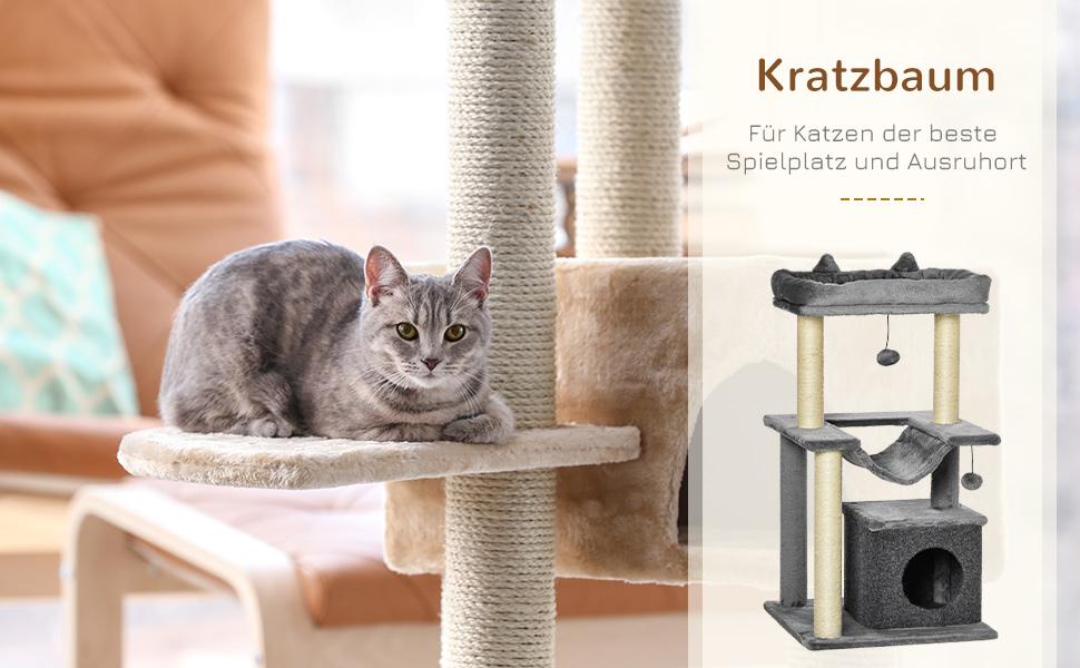 Кігтечка PawHut для котів 90 см з гамаком, будиночком та платформами, сірий колір