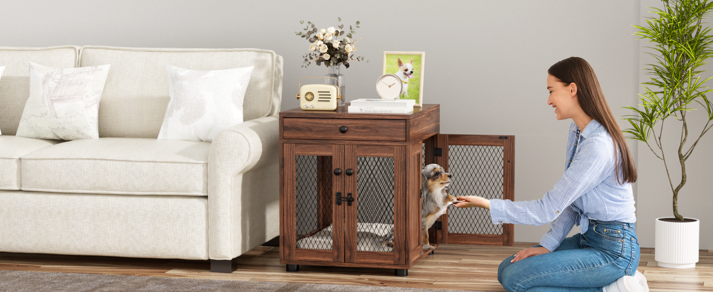 Клітка для собак VOWNER з дерева, 3 двері, з ящиком, 51x60x62 см, для собак до 20 кг, горіховий колір