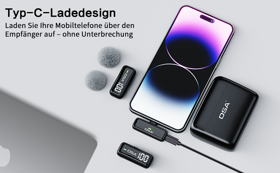 OSA Бездротовий петличний мікрофон: професійний комплект з двома мікрофонами, Plug-and-Play, для iPhone, Android, камери, ПК, з зарядним кейсом