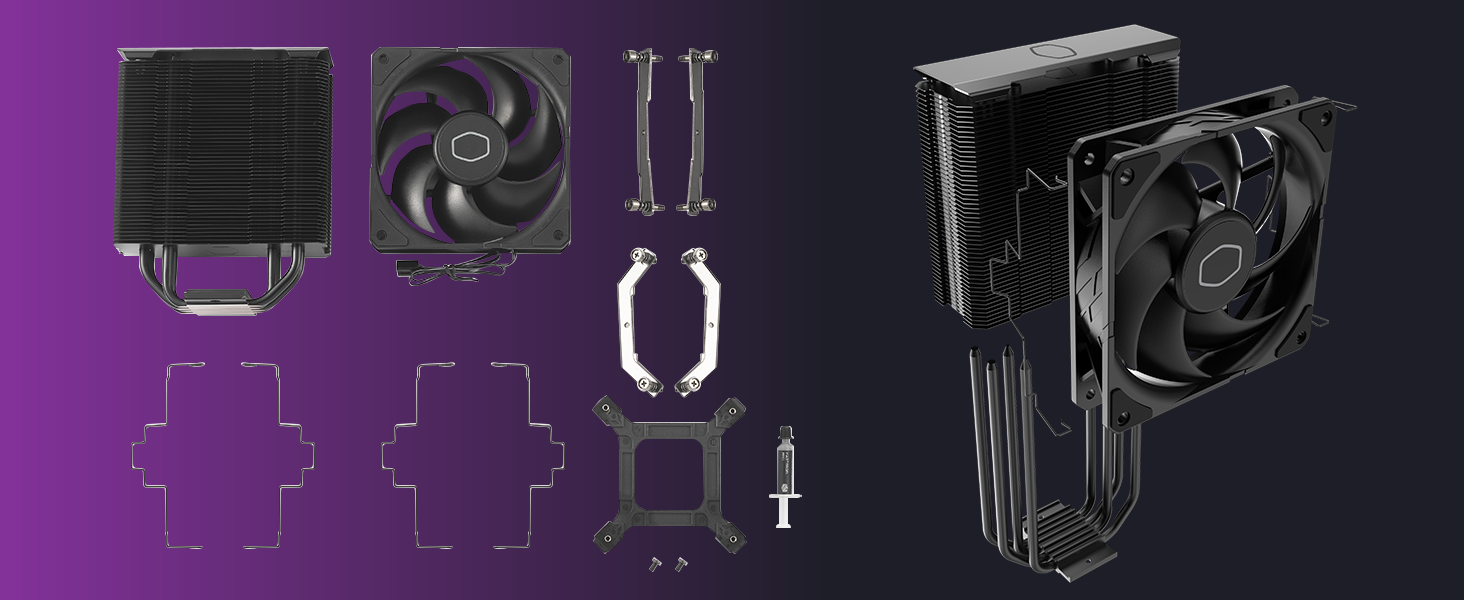 Cooler Master Hyper 212 Black - кулер для CPU з RGB підсвічуванням, LGA1700 & AM5, чорний, з 4 heatpipes