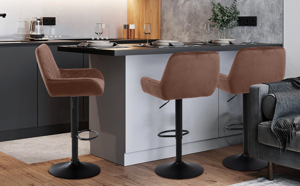 Ralex Adjustable Swivel Bar Stools 2-Pack - Velvet Upholstered Counter Height Stools with Backrest & Armrests for Kitchen, Bar & Countertops (Brown)