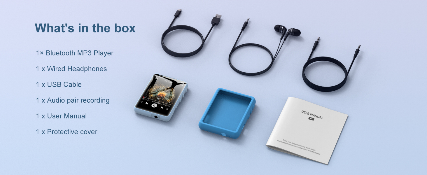 MP3-плеєр 64GB Bluetooth 5.3 з сенсорним екраном 2.4' для дітей, FM-радіо, запис голосу, Line-In (Чорний, Синій)