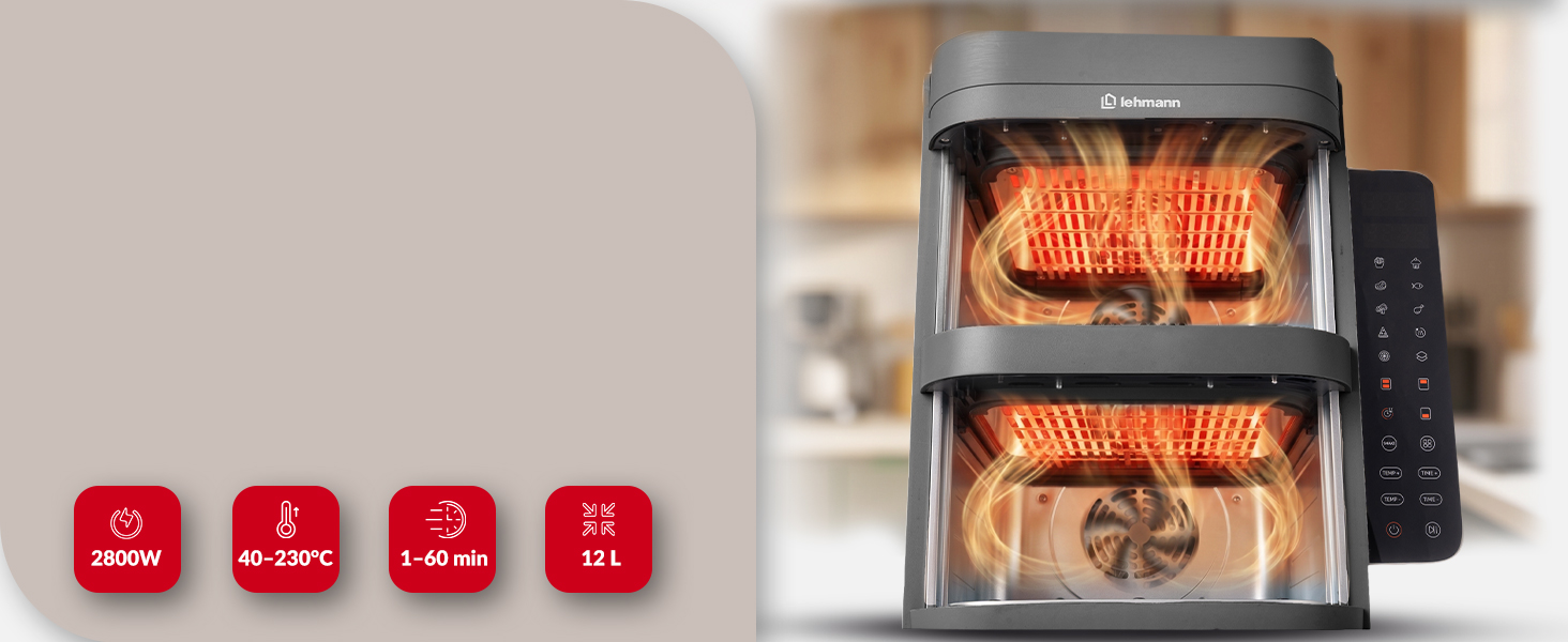 Аерофритюрниця з двома камерами LEHMANN XXL 12L, 2800 Вт, антипригарне покриття, 10 програм, без олії, сіра