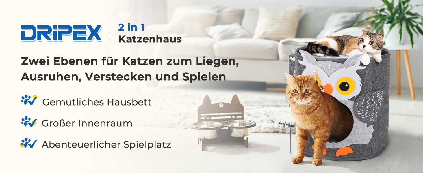 Кігтеточка-будиночок для котів Dripex з 2 поверхів, з фетру, з подушкою, 30x35x35 см (Сова)