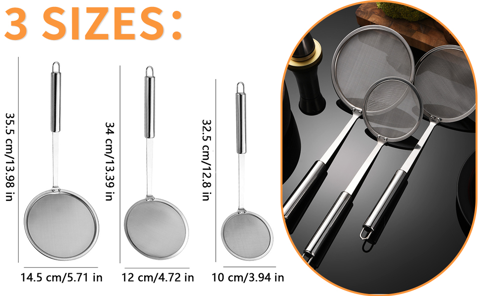 Набір з 3 шт. кельїв для зняття піни з нержавіючої сталі, високоякісні, фільтрувальні ложки, сито з дрібною сіткою, набір для кухні, 3 розміри, для зняття жиру та піни