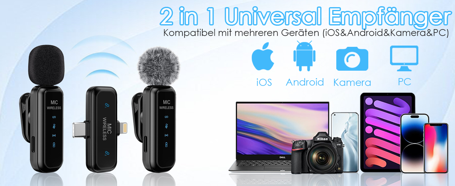 Навушники-мікрофон Laqula 2-в-1 бездротові петличні для iPhone, iPad, Android, камери, USB-C, 2 шт., шумозаглушення, кристально чиста якість запису для відео, Vlog, YouTube, TikTok, інтерв'ю, чорний