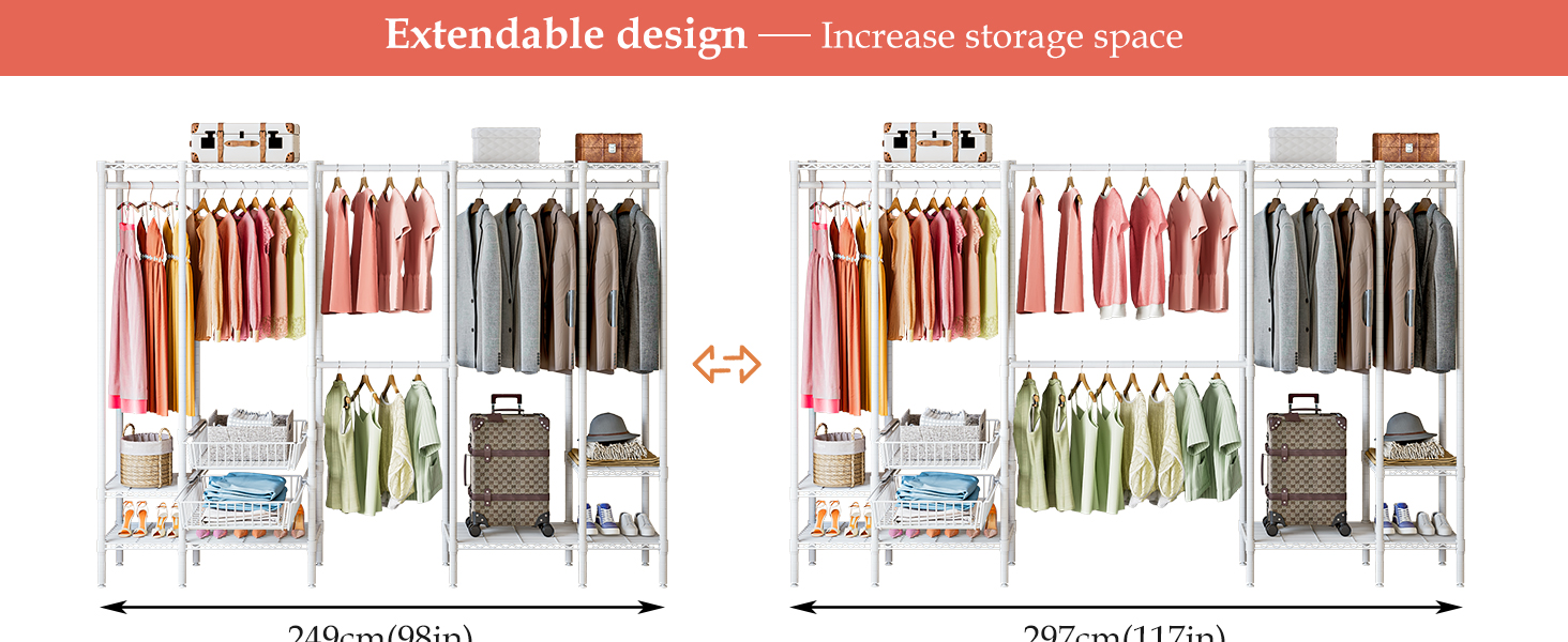 Важкий металевий вішак для одягу, розширюваний відкритий гардероб з 2 висувними кошиками, (249-297) x 40 x 192 см, білий