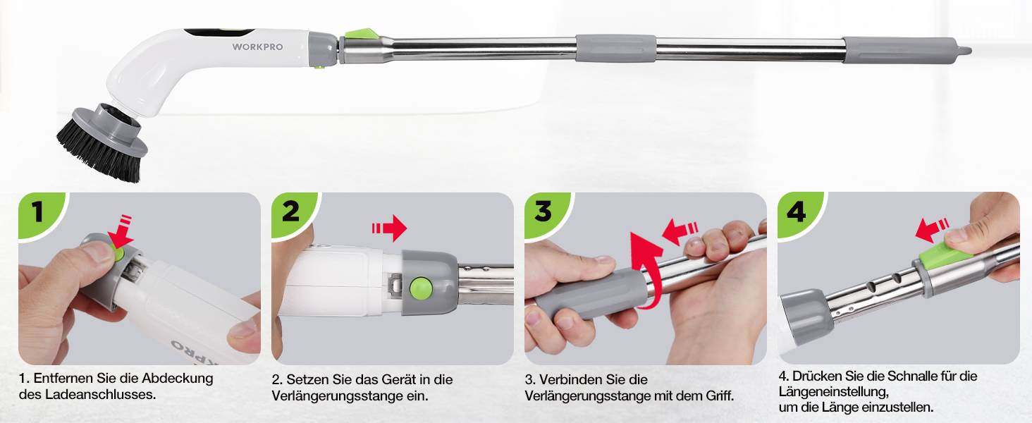 WORKPRO Електрична щітка для прибирання з індикатором потужності, 8 в 1, обертова щітка-скребок, 8 насадок, телескопічна ручка 30-120 см, 3 швидкості, для ванної кімнати та кухні