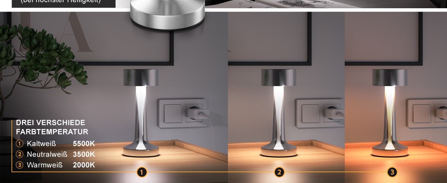 LED настільна лампа CSL бездротова, диммувана – 3 кольори світла, акумулятор, сенсорне управління, USB-C, вінтажний стиль, нержавіюча сталь, для дому та вулиці