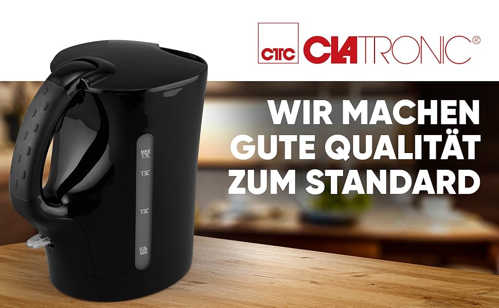 Електричний чайник Clatronic® WK 3819, 1.7 л, автоматичне/ручне вимкнення, фільтр від накипу, 2200 Вт, чорний (Модель 2024)