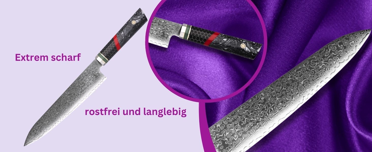 Набір кухонних ножів Lacers PurpleLine (10 шт.) – нержавіюча сталь 7Cr17 – шеф-ніж, сантоку, для хліба, накірі, кіцуке, слайсер та ніж для чищення. Ергономічні ручки з паккавуда, подарункова коробка (M0007)