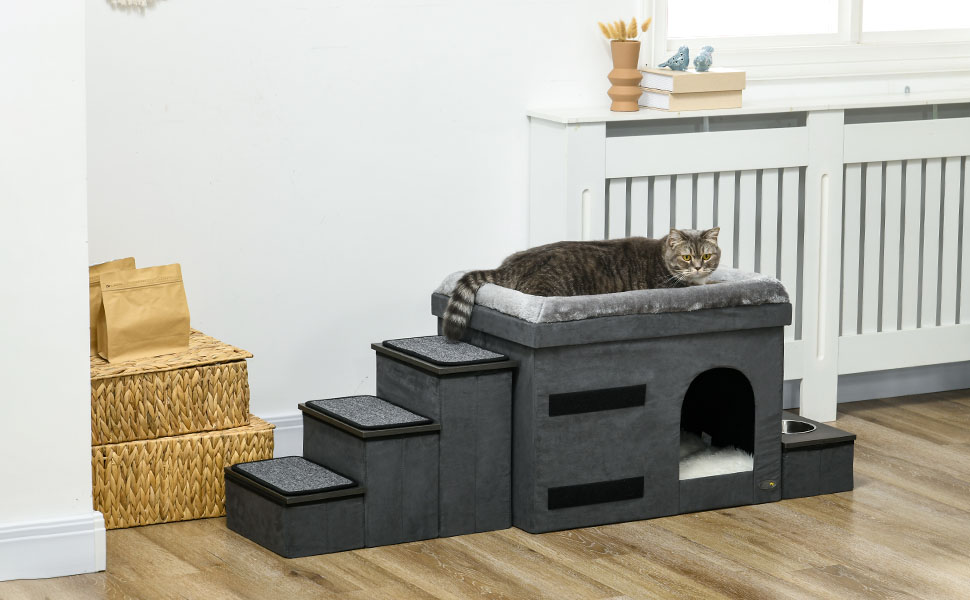 Кігтечка PawHut для котів та собак: будиночок з драбиною, 2 миски, м'яке ліжко, сірий, 78x48x49.5 см