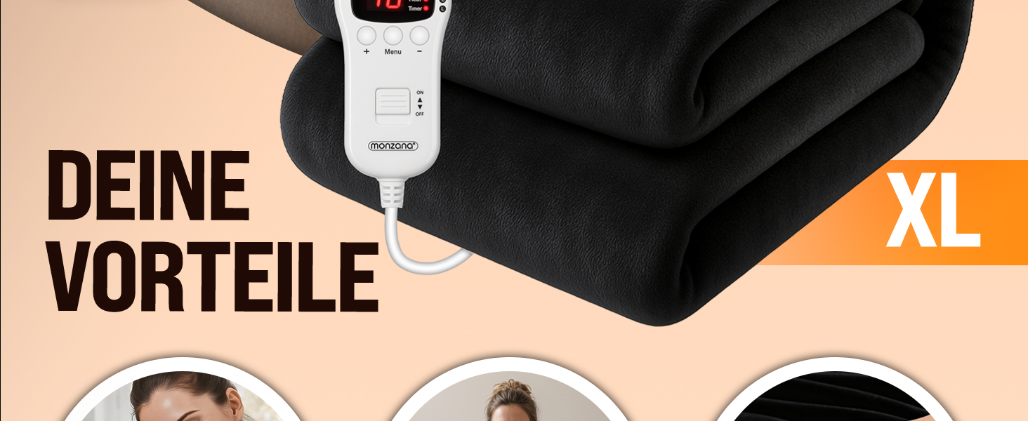 Monzana® Електрична ковдра з підігрівом 180x130 см, 120 Вт, 10 рівнів нагріву, таймер, захист від перегріву, пральна, флісова ковдра для ліжка, чорна, антрацитова