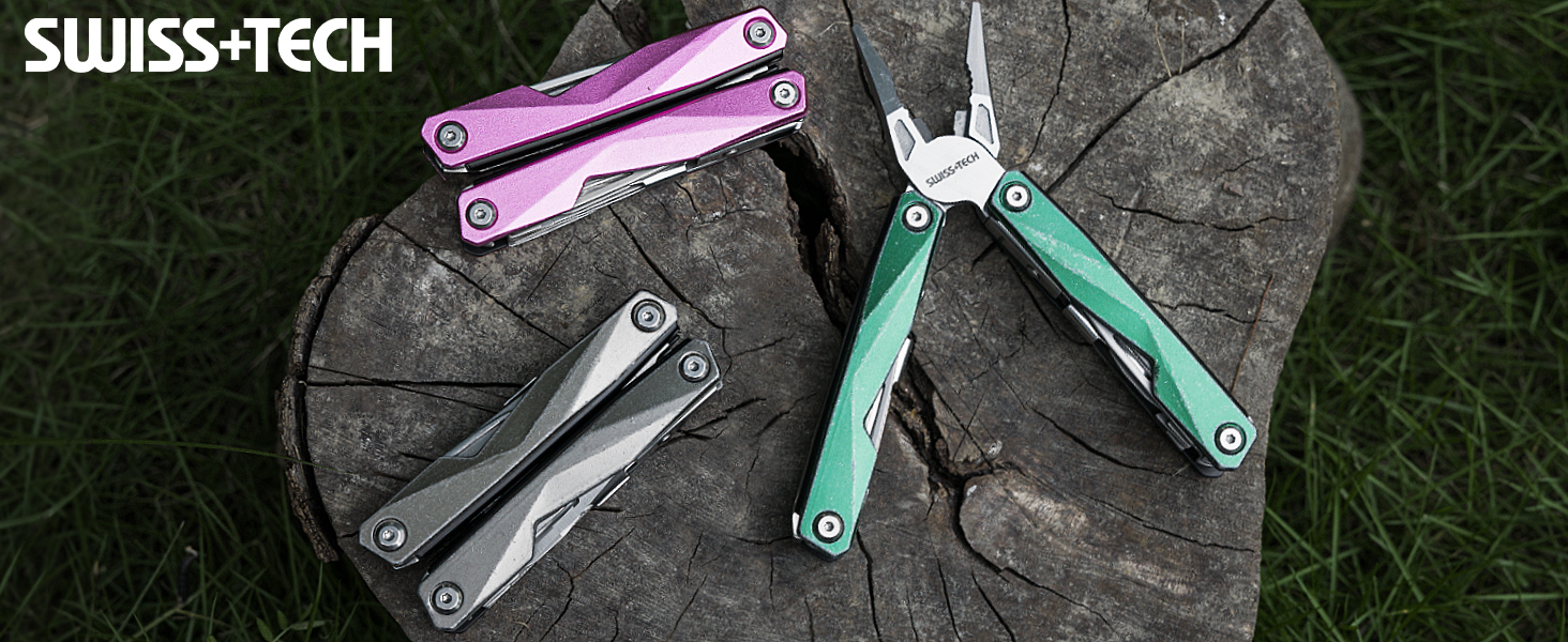 Мультитул Swiss+Tech 16-в-1: мультиінструмент з нержавіючої сталі з ножем, пилкою, ножицями, відкривачкою для пляшок, для кемпінгу, відпочинку на природі, ремонту, з чохлом, вінтажний зелений (ретро-сірий)