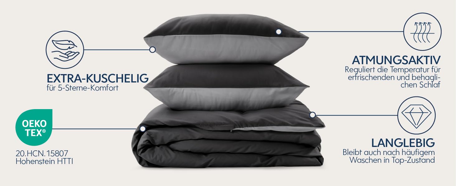 Комплект постільної білизни Dreamzie 240x220 см з 2 наволочками 80x80 см, чорний/темно-сірий. 100% мікрофібра, сертифікат Oeko TEX.