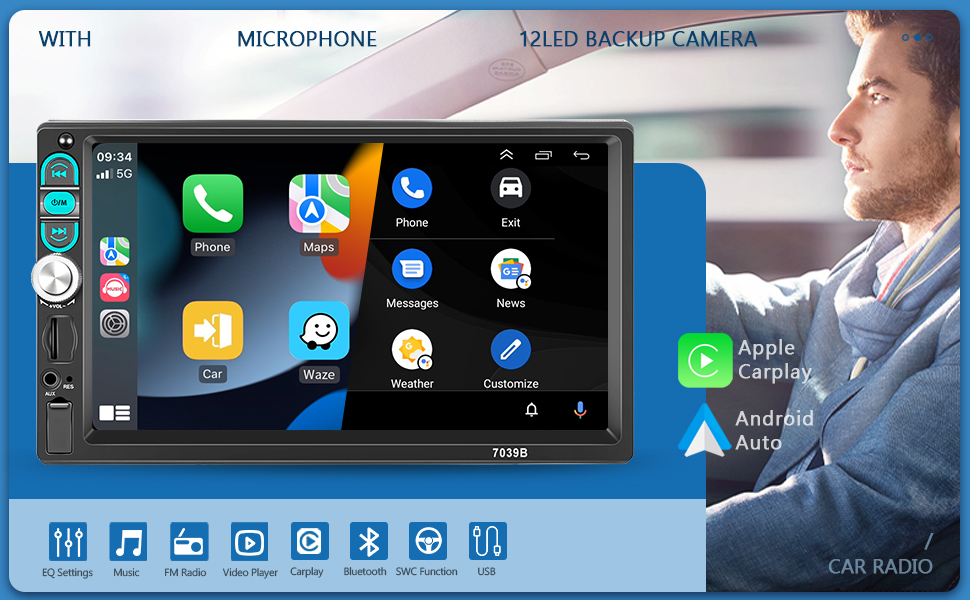 Автомагнітола 1 DIN Carplay з Android Auto, Bluetooth, 7