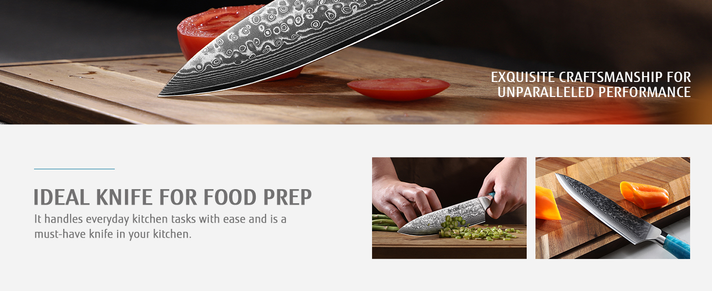 Японський ніж Hecef Damast 20 см з ручкою з харчової смоли: професійний кухонний ніж з дамаської сталі 67 шарів, з захистом для леза, подарунок для шеф-кухаря