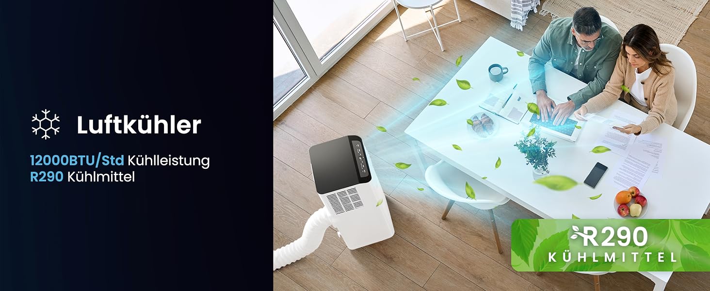 Мобільний кондиціонер Pro Breeze™ 4-в-1: охолоджувач, вентилятор, осушувач повітря, нічний режим, клас енергоефективності A, комплект ущільнювача для вікна, пульт дистанційного керування та таймер 24 години, білий (12000 BTU, Smart App)