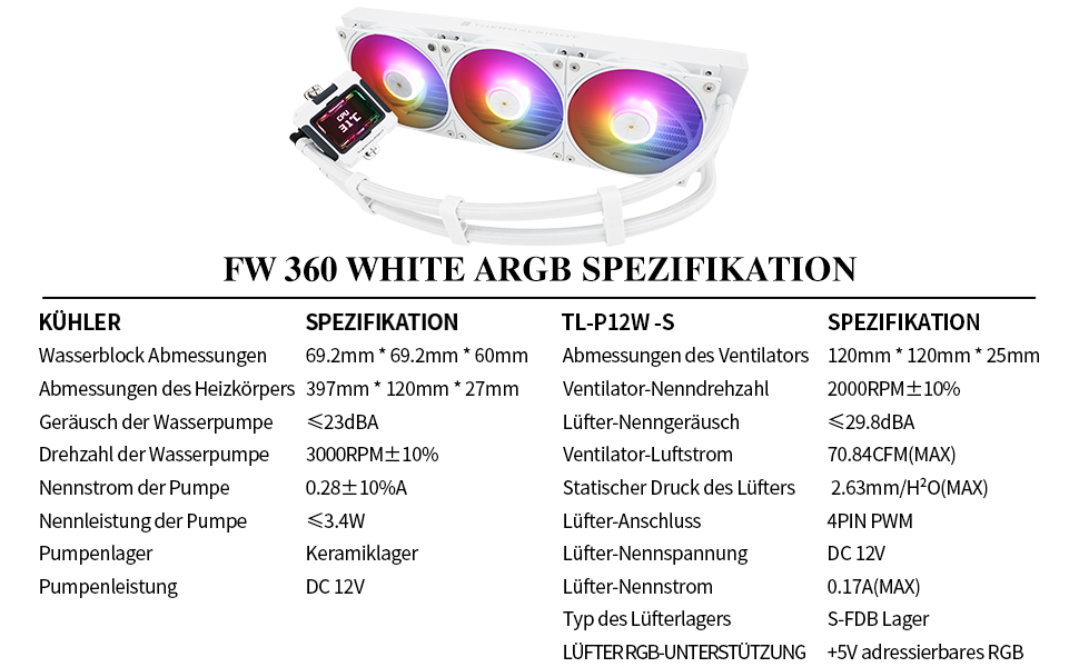 Thermalright FW 360 White ARGB: рідинна система охолодження CPU з 3 вентиляторами PWM, LCD-дисплей 320*240, підтримка AMD/Intel (AM4/AM5/LGA1700/1851)